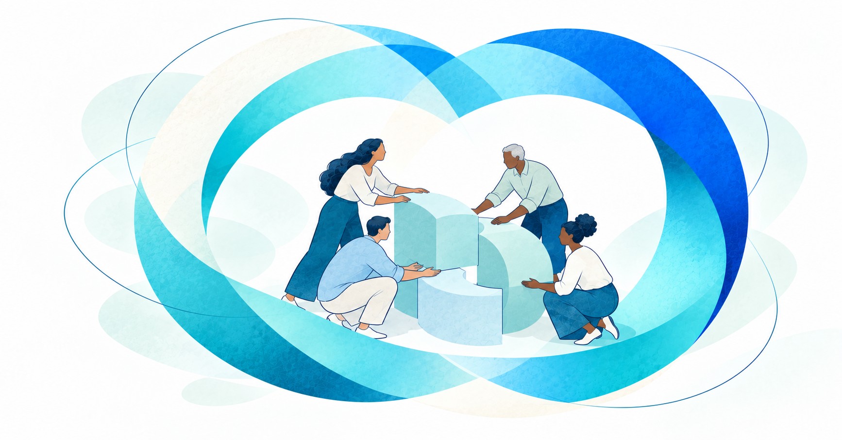 An editorial illustration of four people building a shared structure within two overlapping blue and cyan EMHO ribbons, representing public-private collaboration.